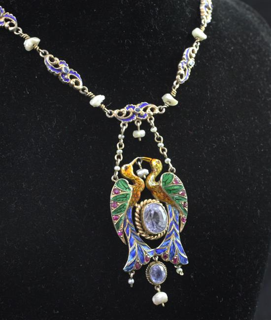 A late 19th/early 20th century Austro-Hungarian parcel gilt silver, gem set and enamel drop pendant necklace, overall 20in.